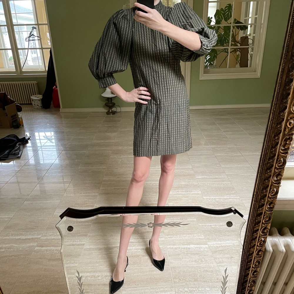 Ganni mini shift dress with exaggerated puff sleeves